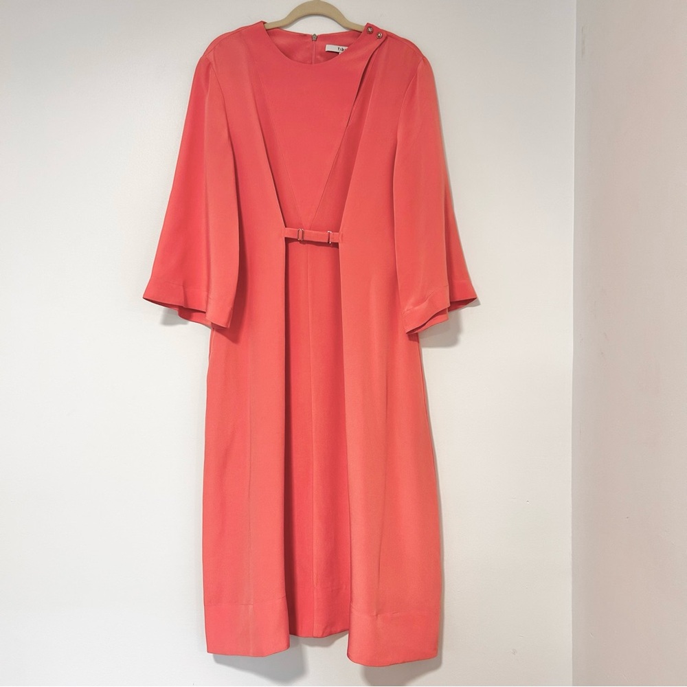 VintageTibi Coral Pink Silk Cropped Bell Sleeve Buckled Dress